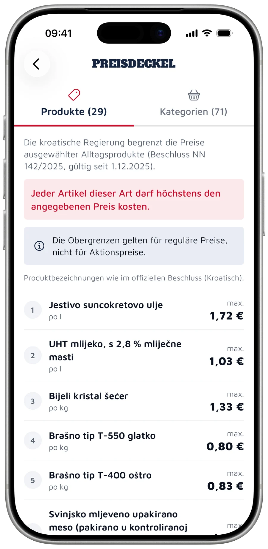 Liste der Preisdeckel der kroatischen Regierung
