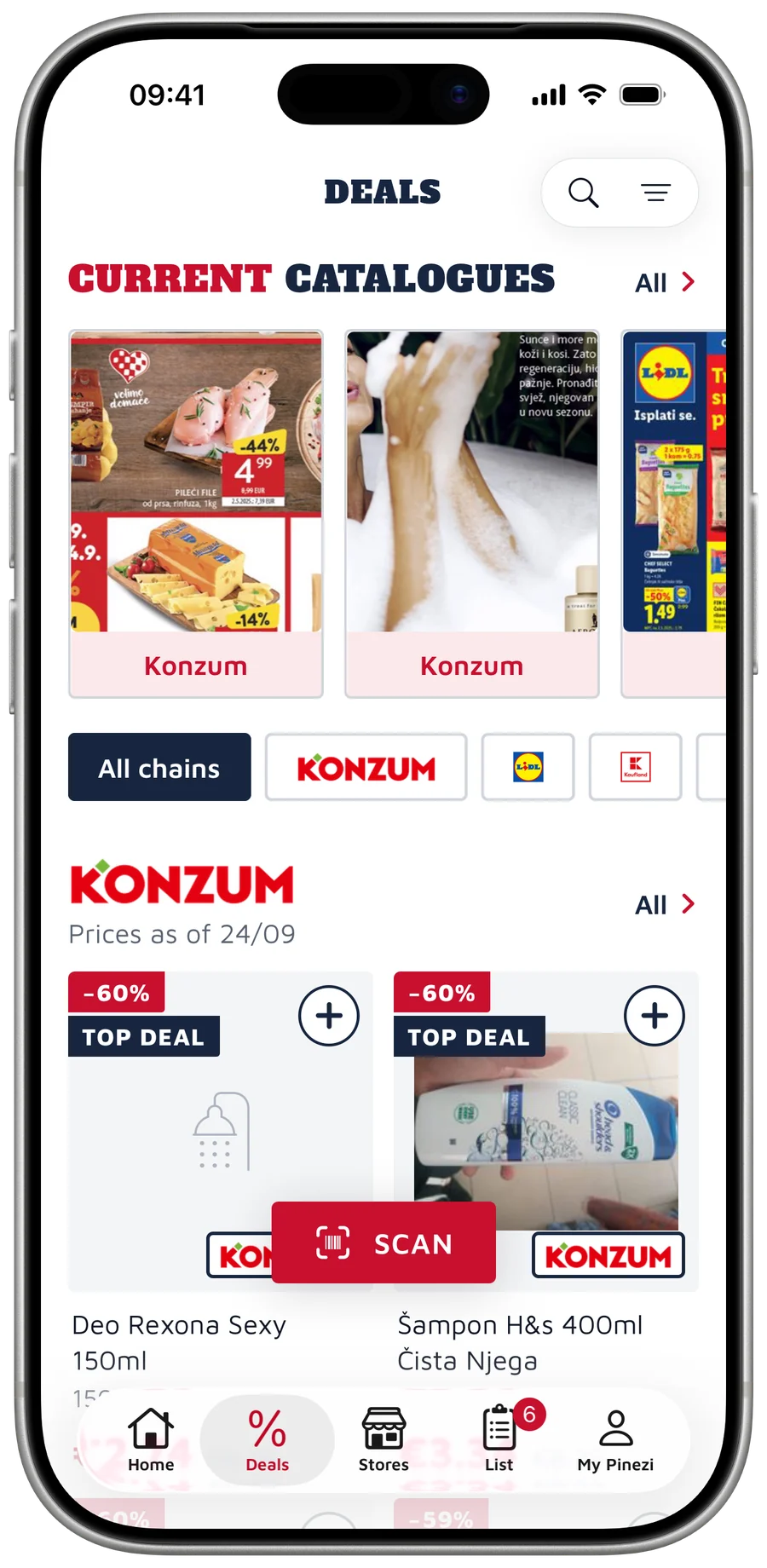 Deals screen with discounts from all supermarket chains