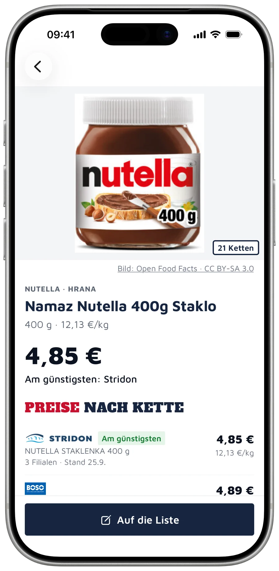 Produktansicht mit niedrigstem Preis, Check für echte Angebote und Preisen nach Kette