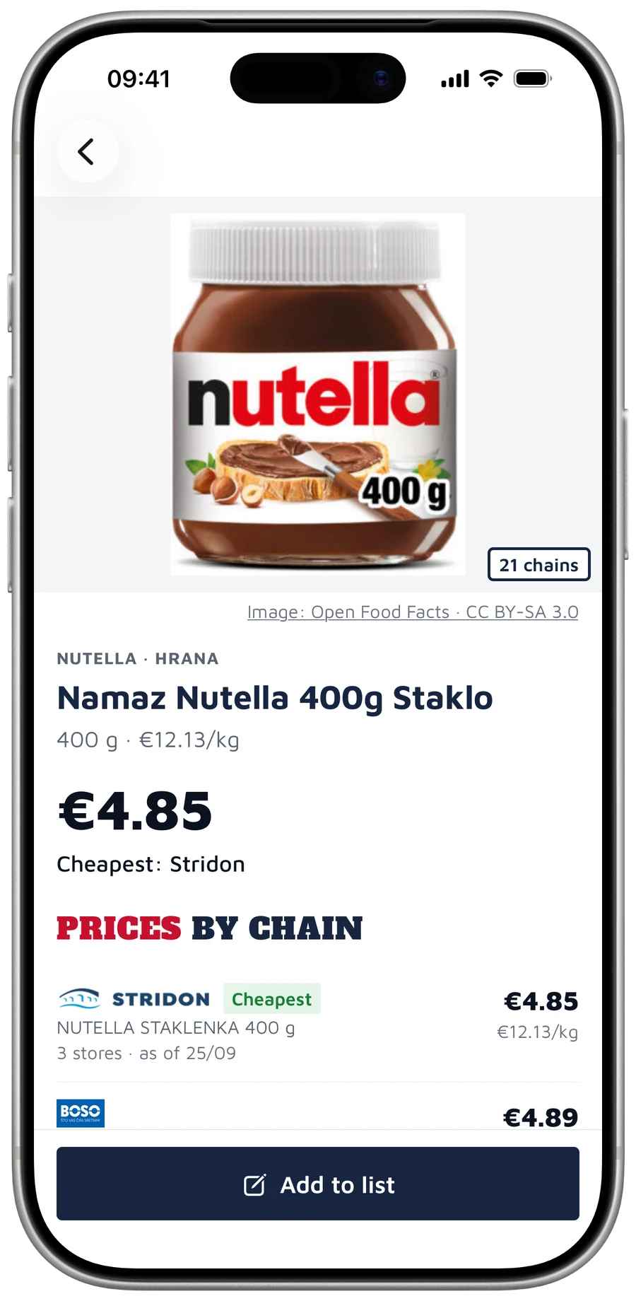 Product screen with the lowest price, a genuine-deal check and prices by chain