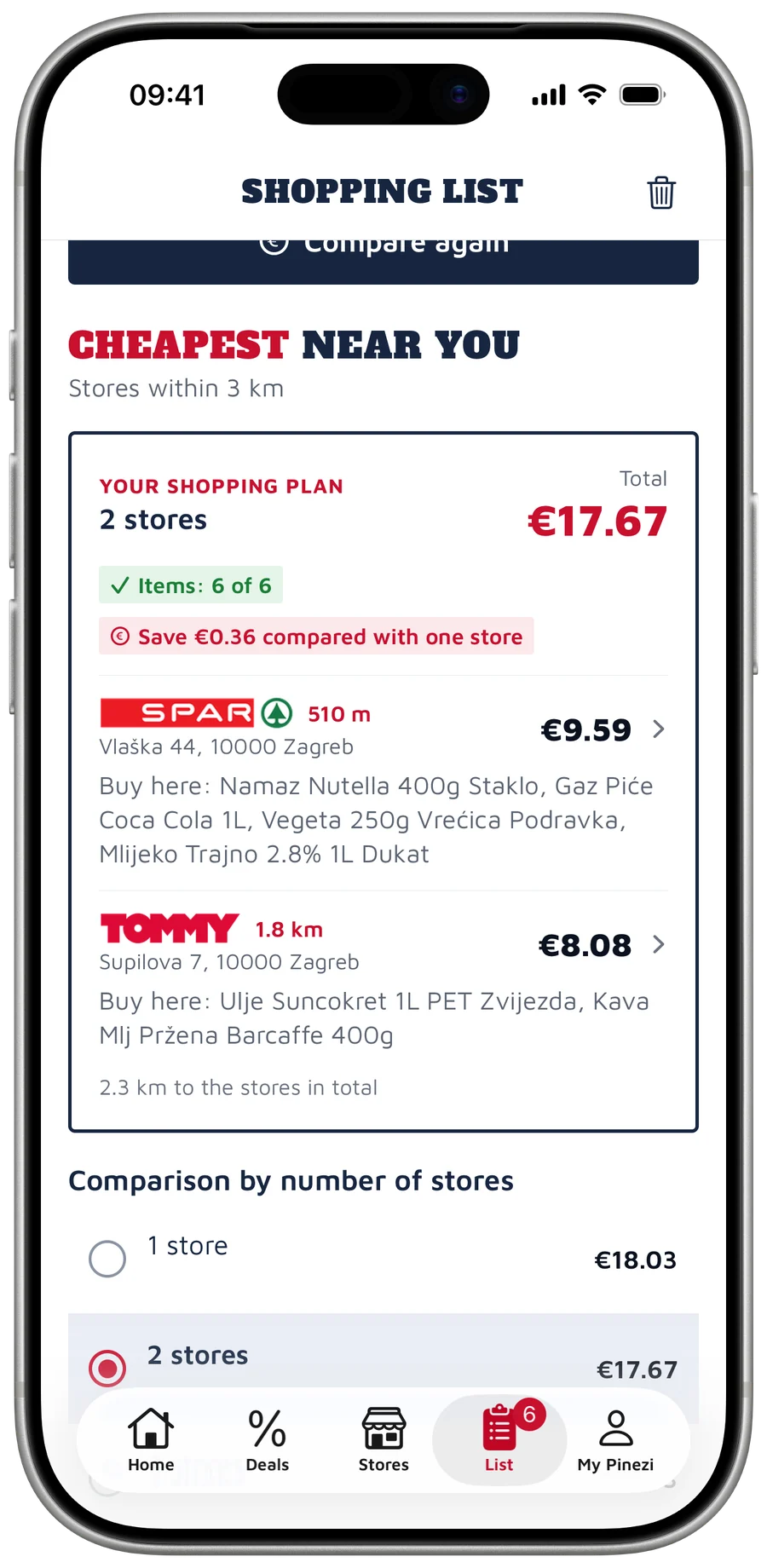 Shopping list comparing the price of the whole basket